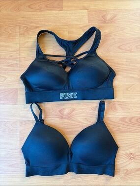 PINK Victoria's Secret Black Strappy Sports Bra + Black Everyday Bra Sz Medium